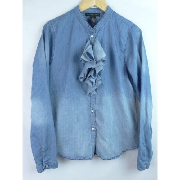 Grace Elements Women's Shirt Size Medium Blue Ruffle Long Sleeve Button Down Top - Picture 1 of 9